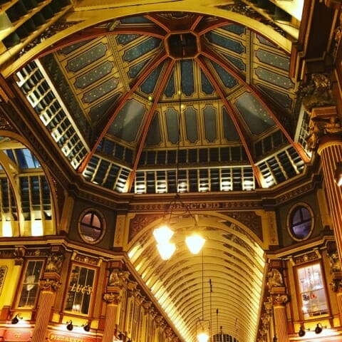 Looking up at the star decorated ceiling at Leadenhall market