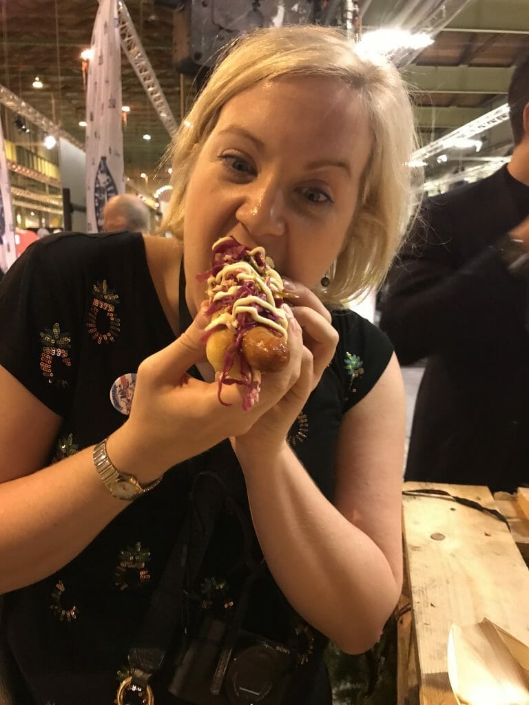Katie eating a hot dog