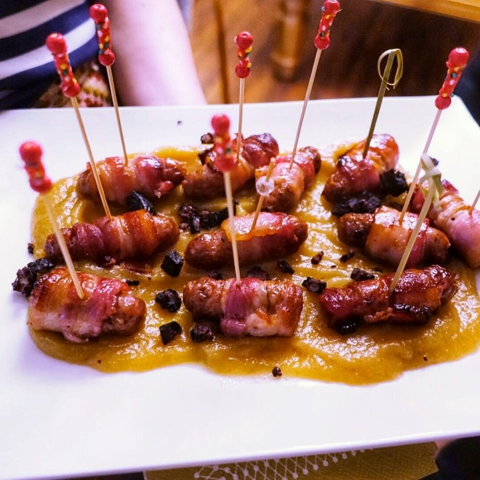 Pigs in blankets with apple sauce on Three Little Piggies Supper Club