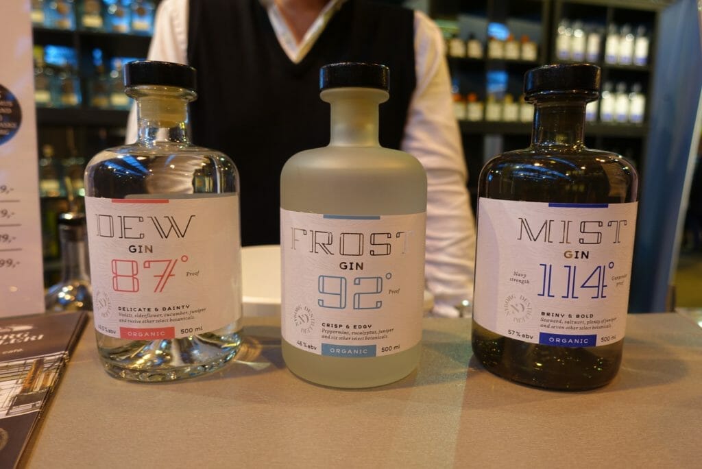 The three gins from Nybord distillery - Dew, Frost and Mist