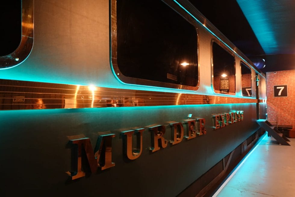 The outside of the Murder Express train carriage