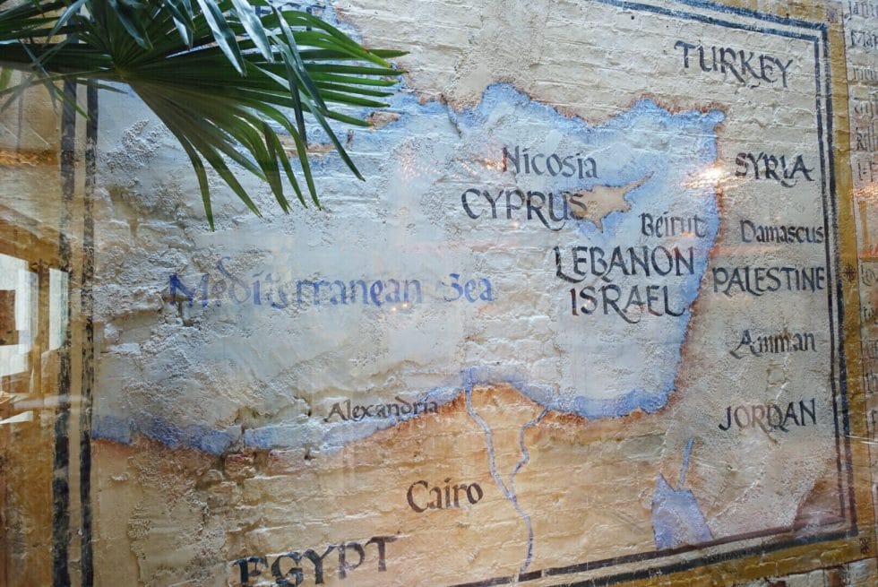 Mural showing a map of the Mediterranean Sea and Levant region