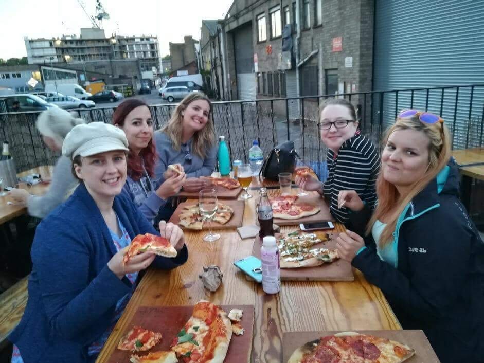 The Love Pop Ups London crew enjoying pizza at Crate Brewery