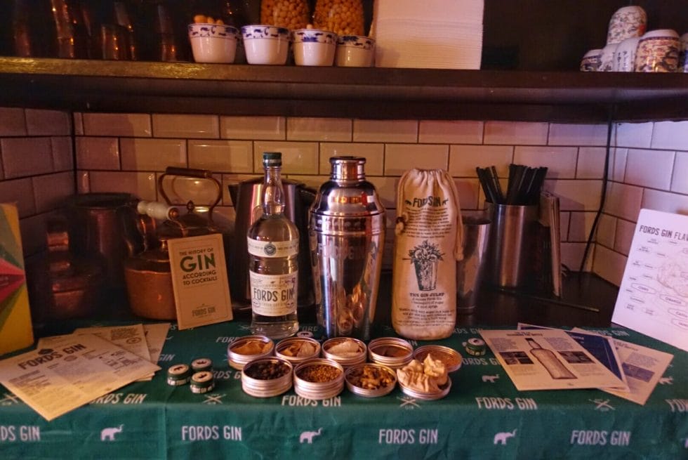 Ford's gin items and botanicals on display
