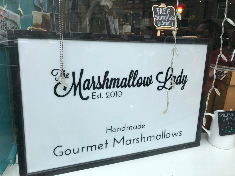 The Marshmallow Lady sign offering free samples!