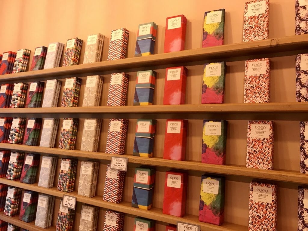 The wall of chocolate bars in designer packaging