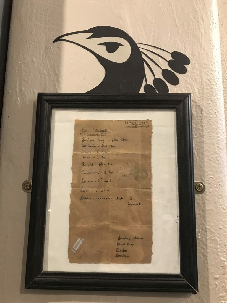 The original recipe that inspired Pickering's gin, framed on the wall at the distillery