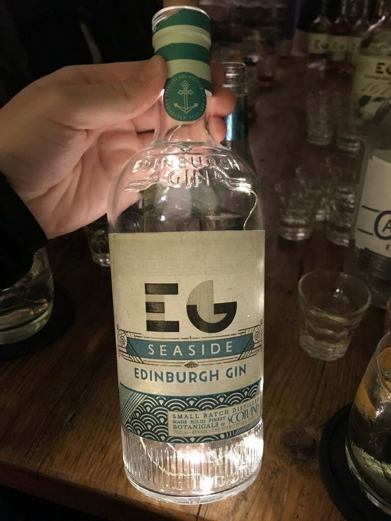 The Seaside gin label has waves and anchors on it