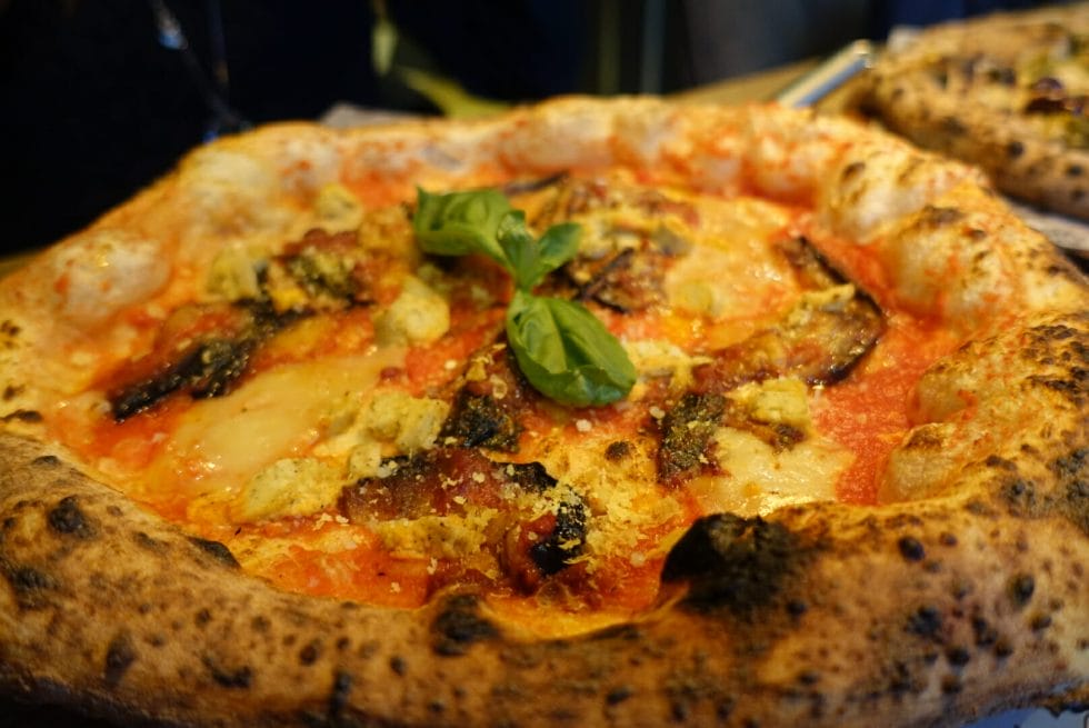Close up of the sourdough aubergine pizza