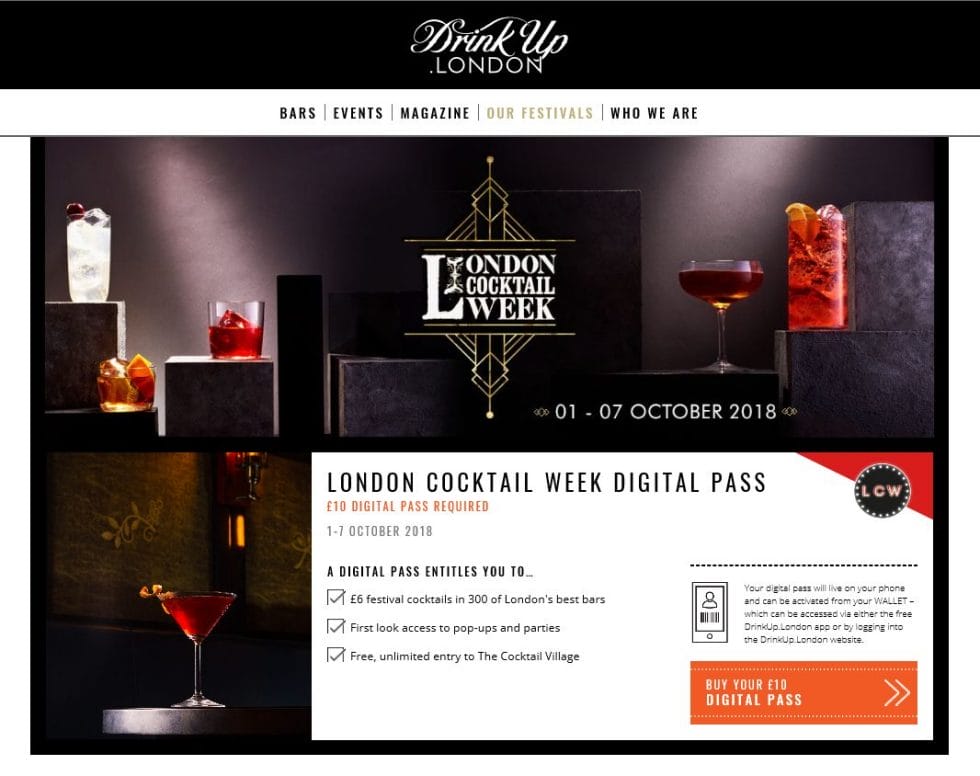 Drink Up London landing page, London Cocktail Week 2018