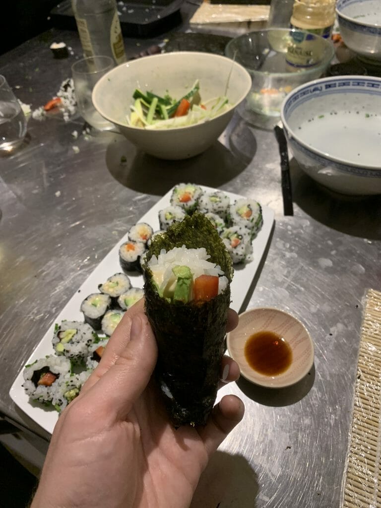 The hand roll in front of my other finished rolls and showing the mess behind!