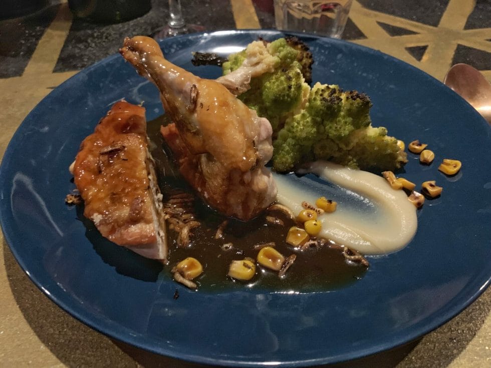 The lovely main - chicken with kohlrabi, gravy, pureed something, corn and another sauce underneath 