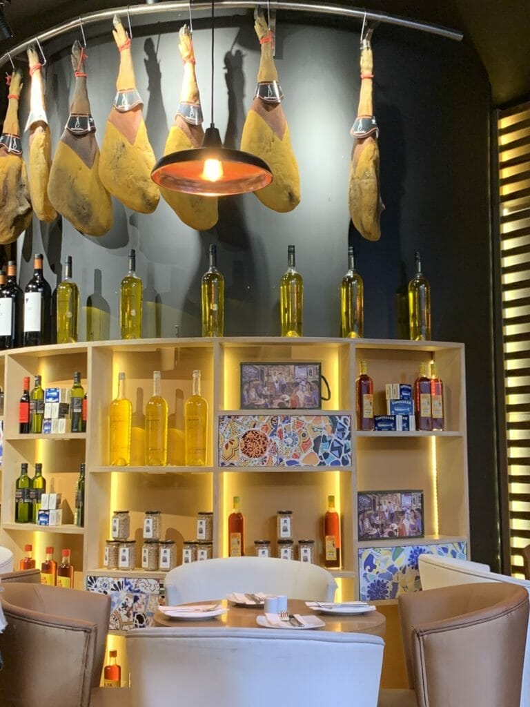 Jamon, olive oil and wine on display in Las Banderas