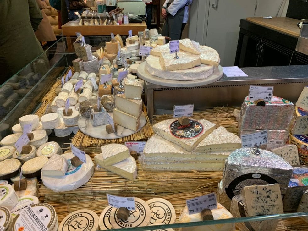 The cheese counter selection at Paxton and Whitfield on the London Cheese Crawl