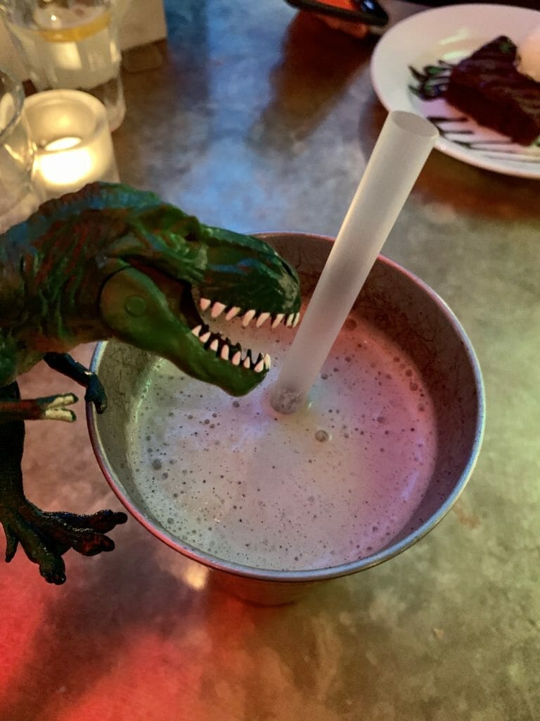 T-Rex and the milk shake in a tin cup