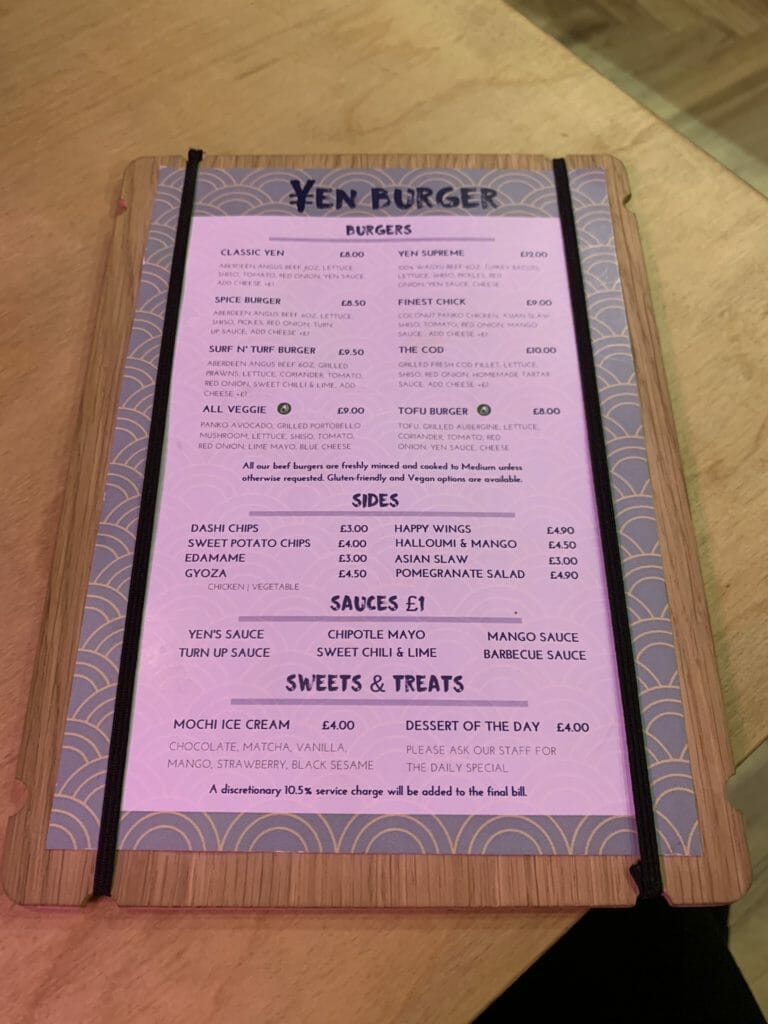 The Yen Burger food menu
