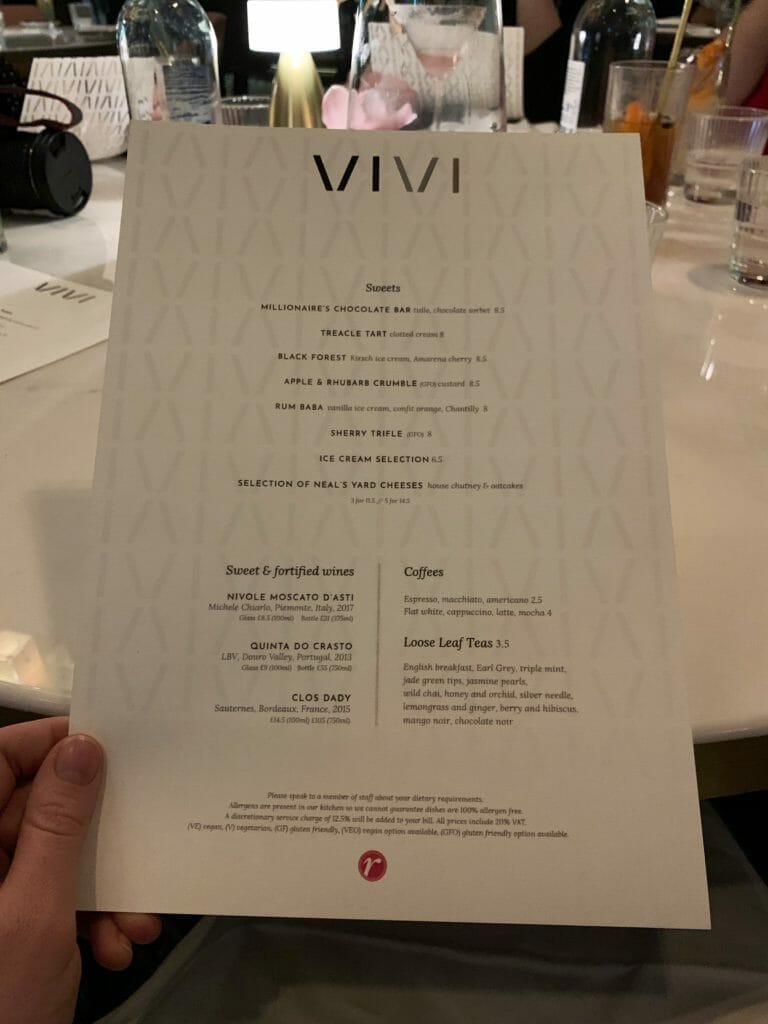 The Vivi dessert menu