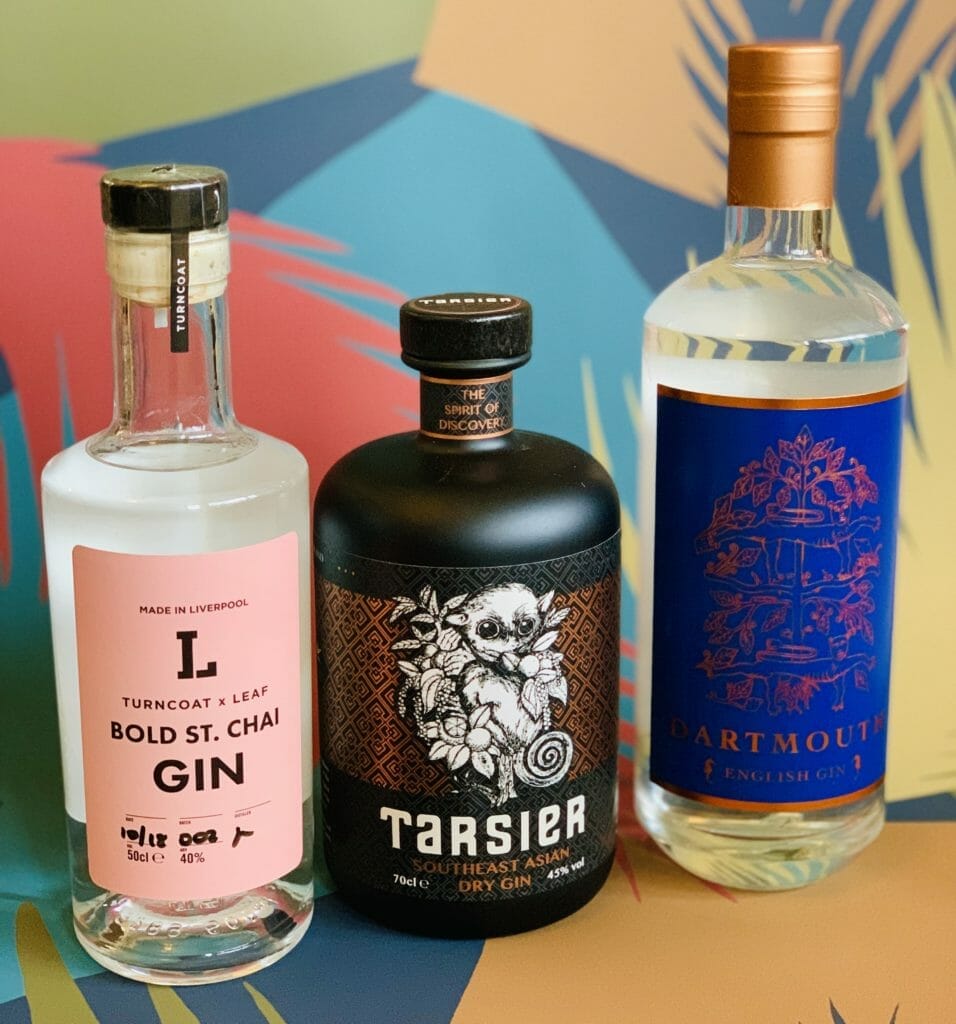 Bottles of Bold St Chai, Tarsier and Dartmouth English gins