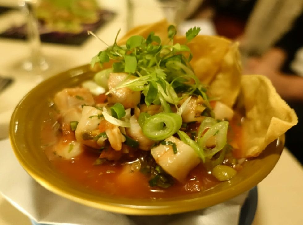 Ceviche with a tomato based sauce, served with tortillas and spring onions and coriander as garnish