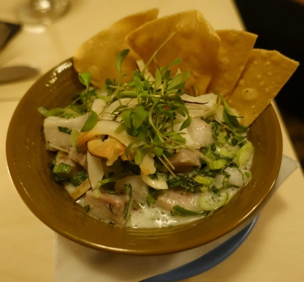 Ceviche Yucatan with a white coconut sauce, tortillas and red onion and coriander garnish