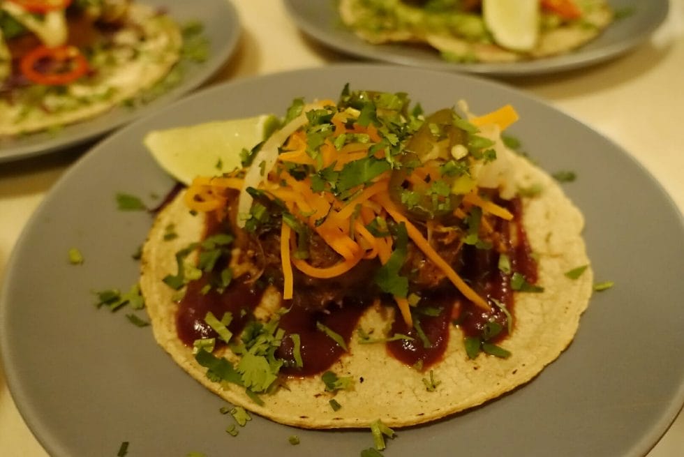 The braised short rib taco with pickled veggies and jalapenos served with chipotle ketchup