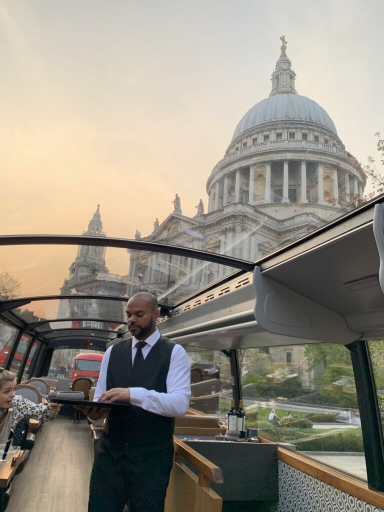 Being served our mackerel dish going past St Paul's Cathedral with a great view through the glass roof