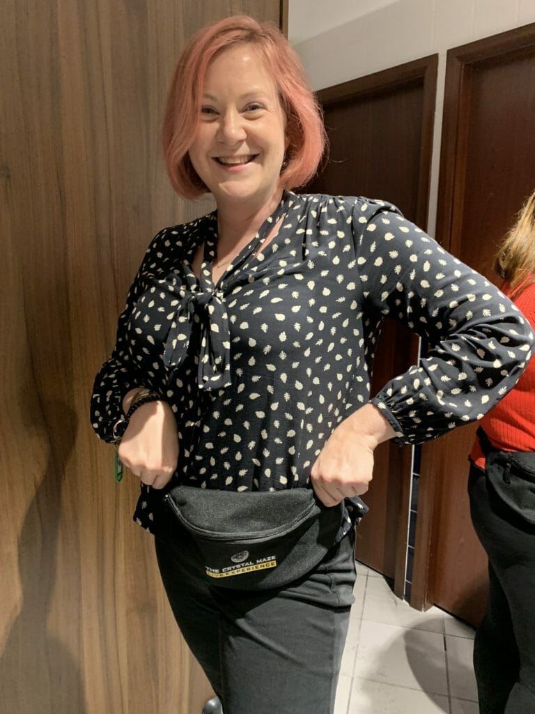 Katie sporting a bumbag/fanny pack