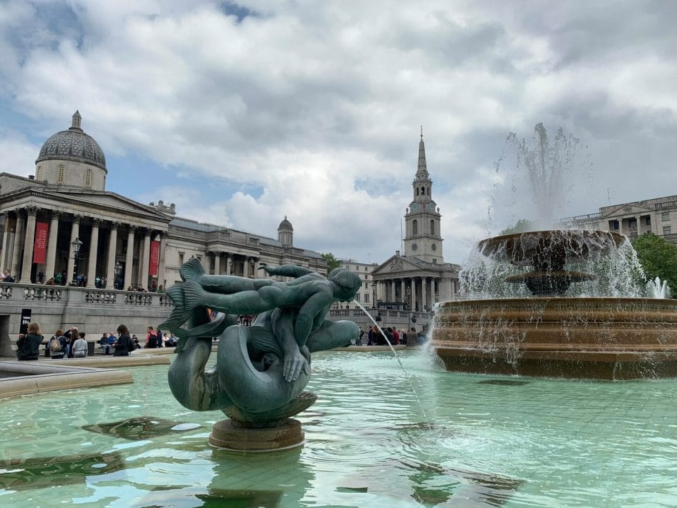 The fountains of Trafalgar Square with the National Gallery in the background