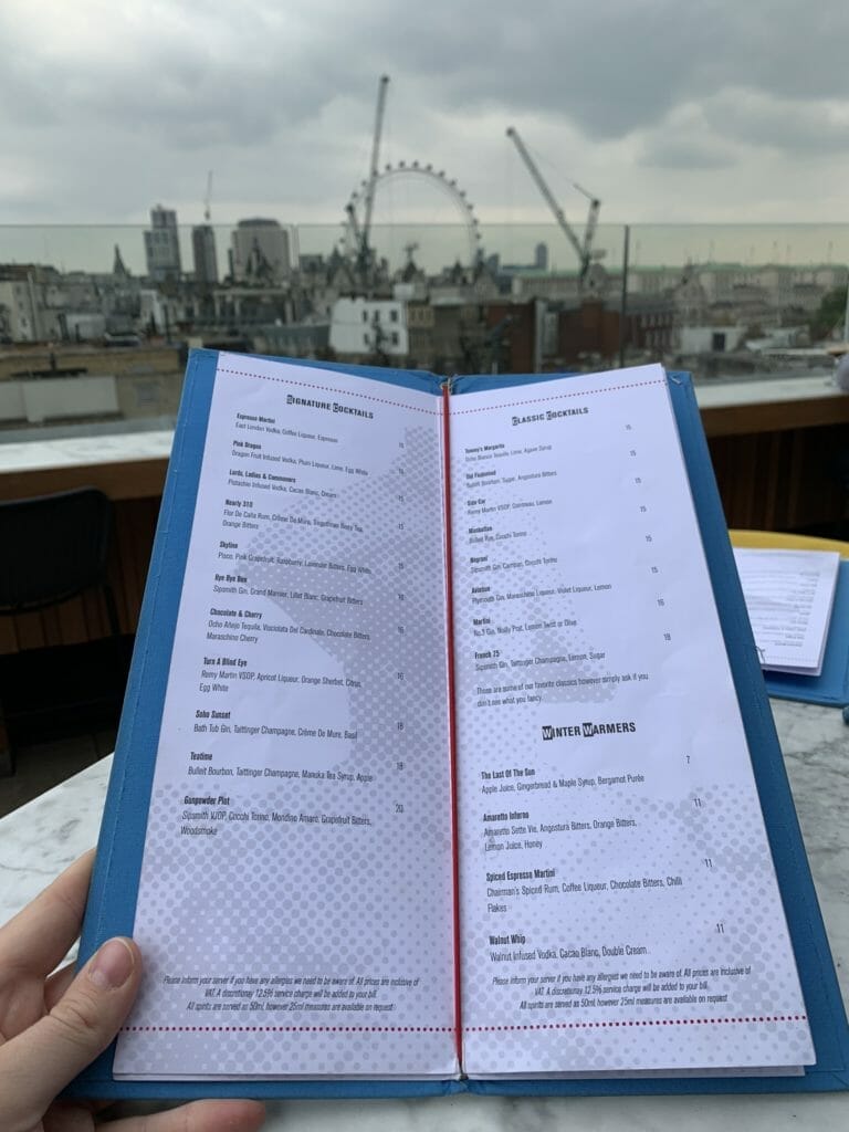 Menu with the London Eye in the background