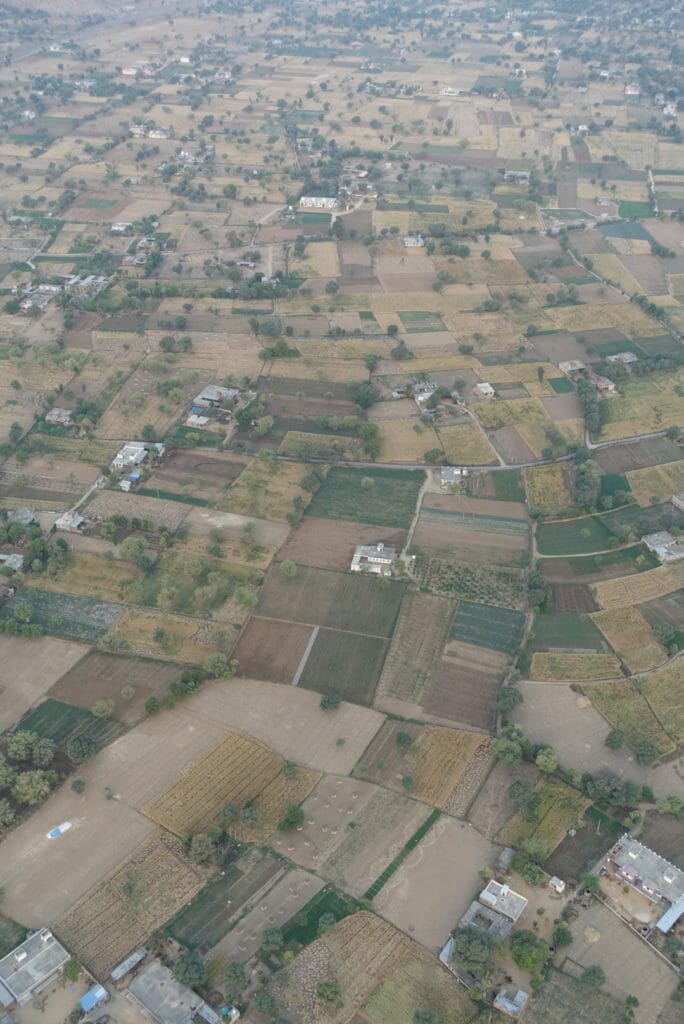 Hazy view of the fields below