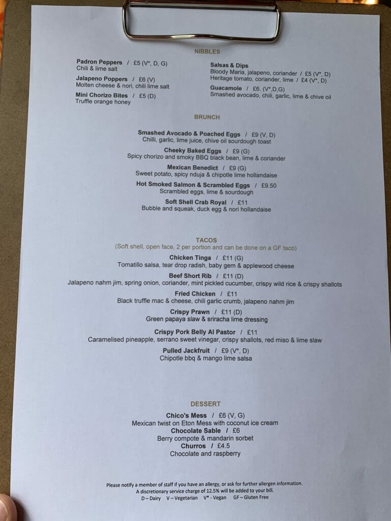 Close up of the brunch menu at Cheeky Chicos