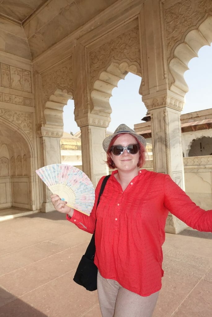 Katie with hand fan in Agra fort