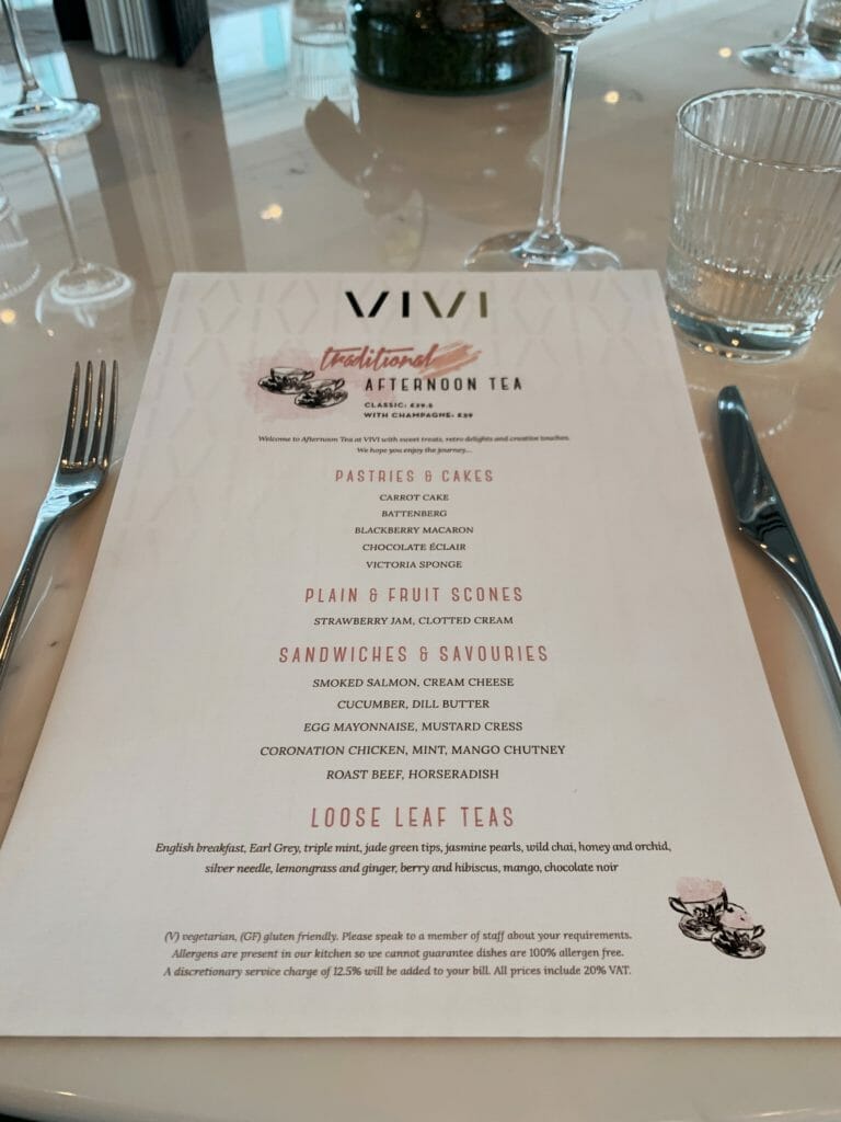 The Vivi afternoon tea menu