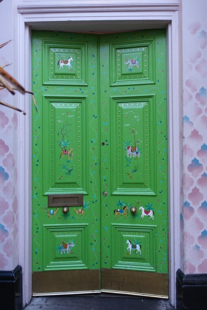 The green door at the entrance to the restaurant