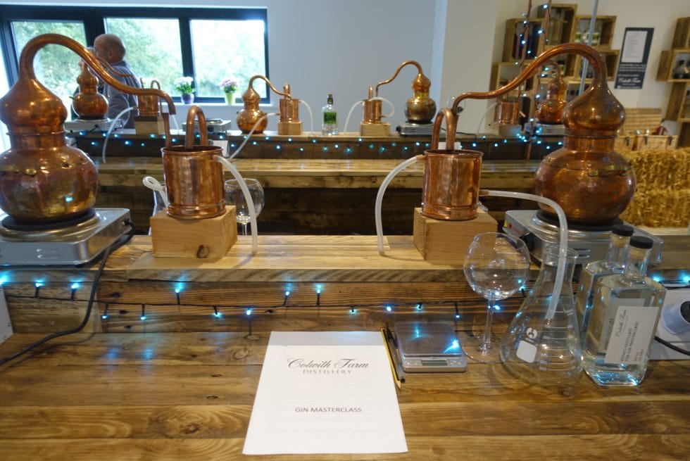Mini stills set up in the visitor centre for the gin masterclass