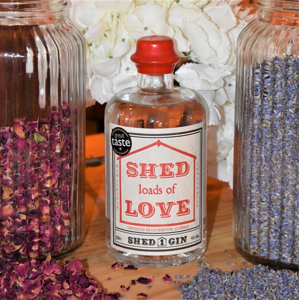 Shed loads of Love gin by jars of rose and lavender petals