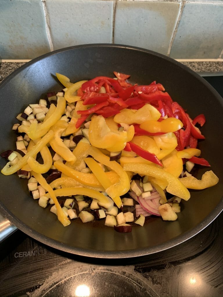 Peperonta ingredients in the frying pan
