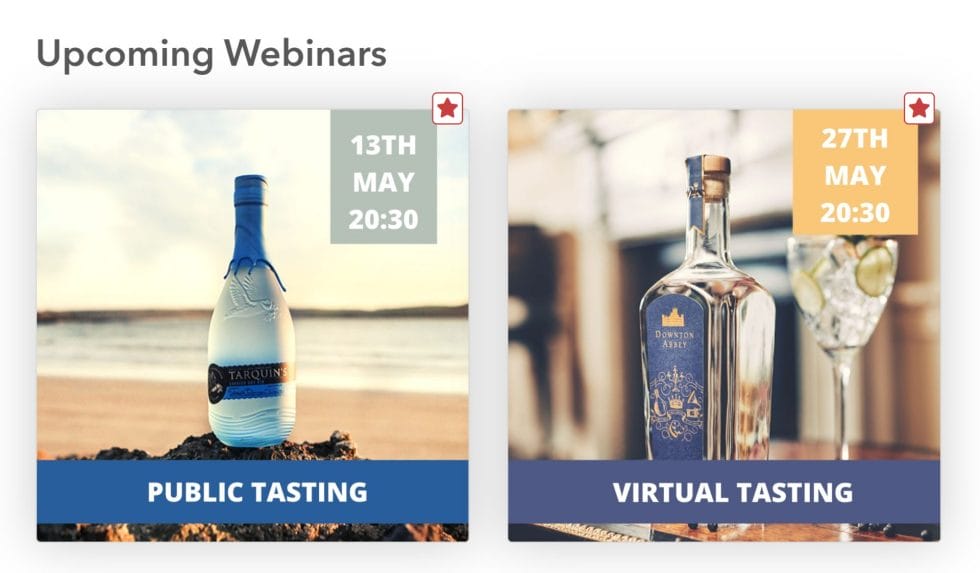 Upcoming webinars with the gin bottles for each brand