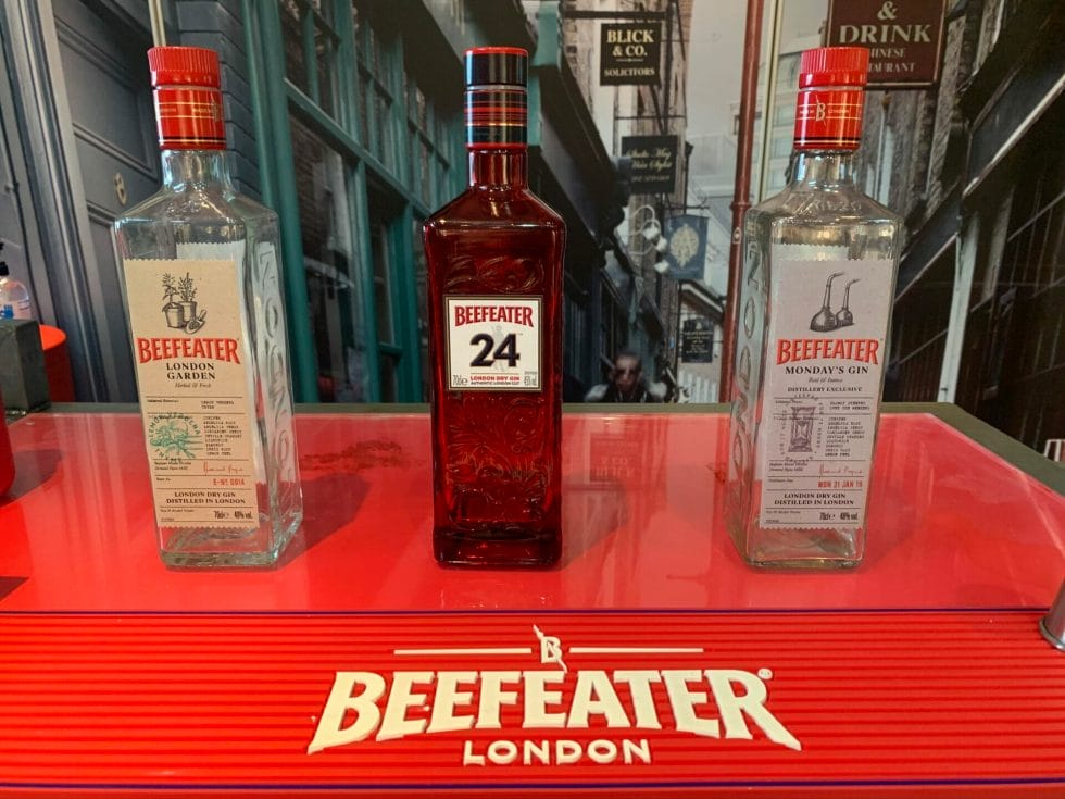 Beefeater gin bottles lined up