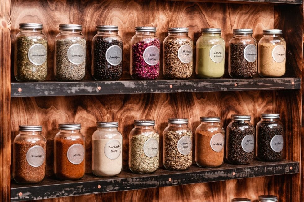 Shelves with jars of the botanicals you can use at 1881 distillery gin school