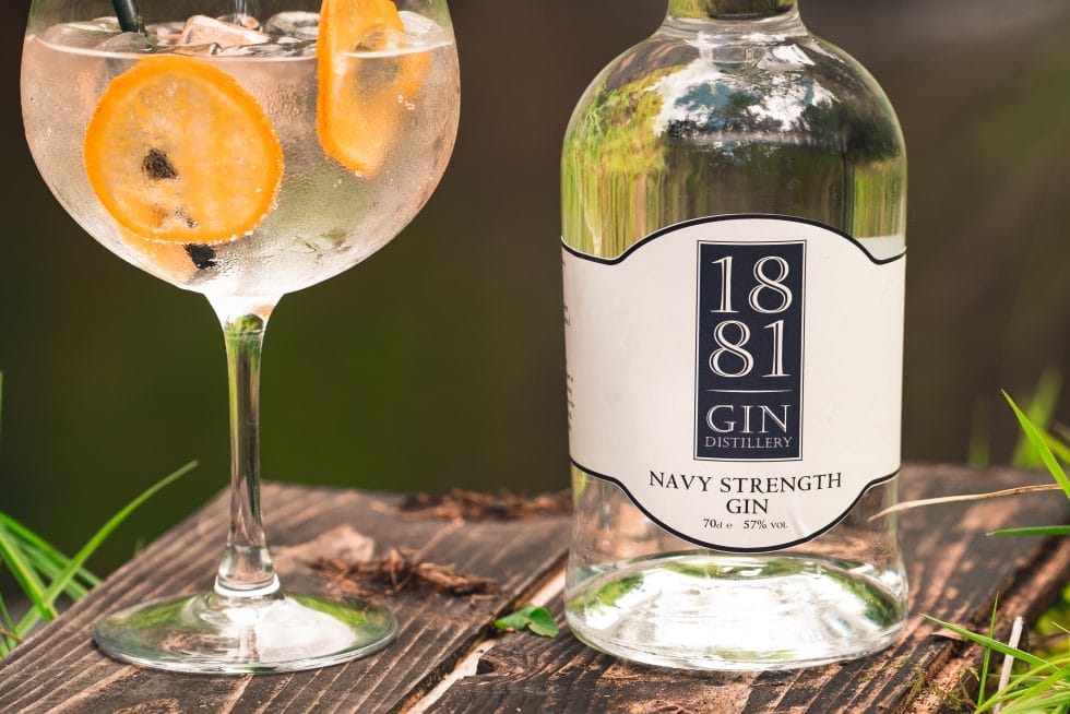 1881 Navy Strength Hydro gin bottle and perfect serve outside