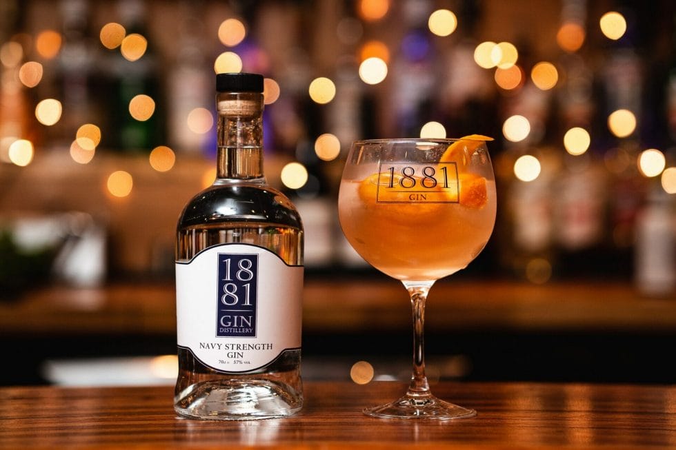 1881 Navy strength hydro gin bottle and perfect serve on the bar