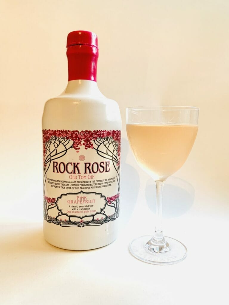 Rock Rose pink grapefruit Old Tom gin bottle and pink cocktail