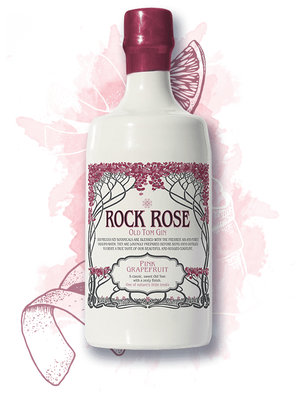 Rock Rose Pink Grapefruit Old Tom gin bottle and illustration