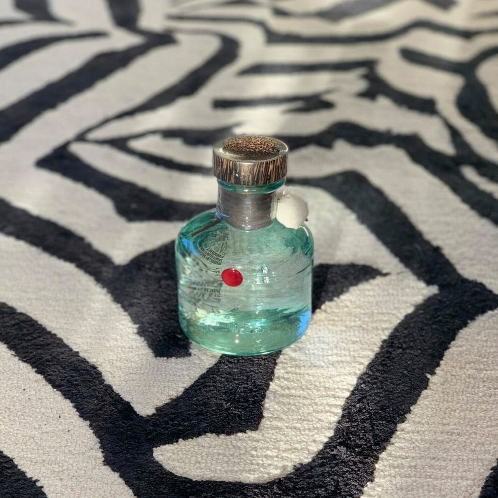 Gin bottle with red dot on a zebra print rug