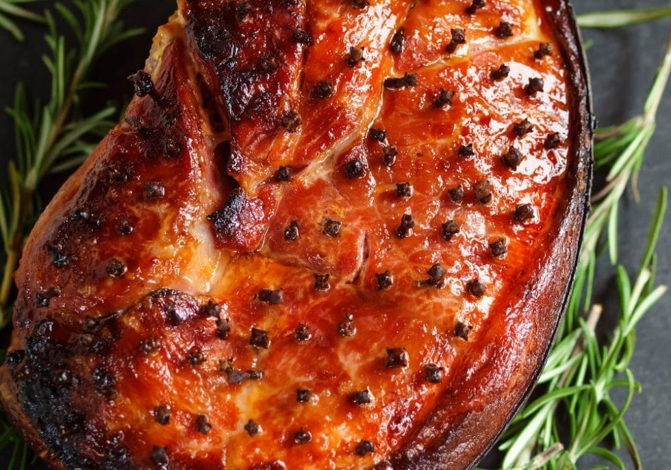 Baked glazed gammon with cloves in it