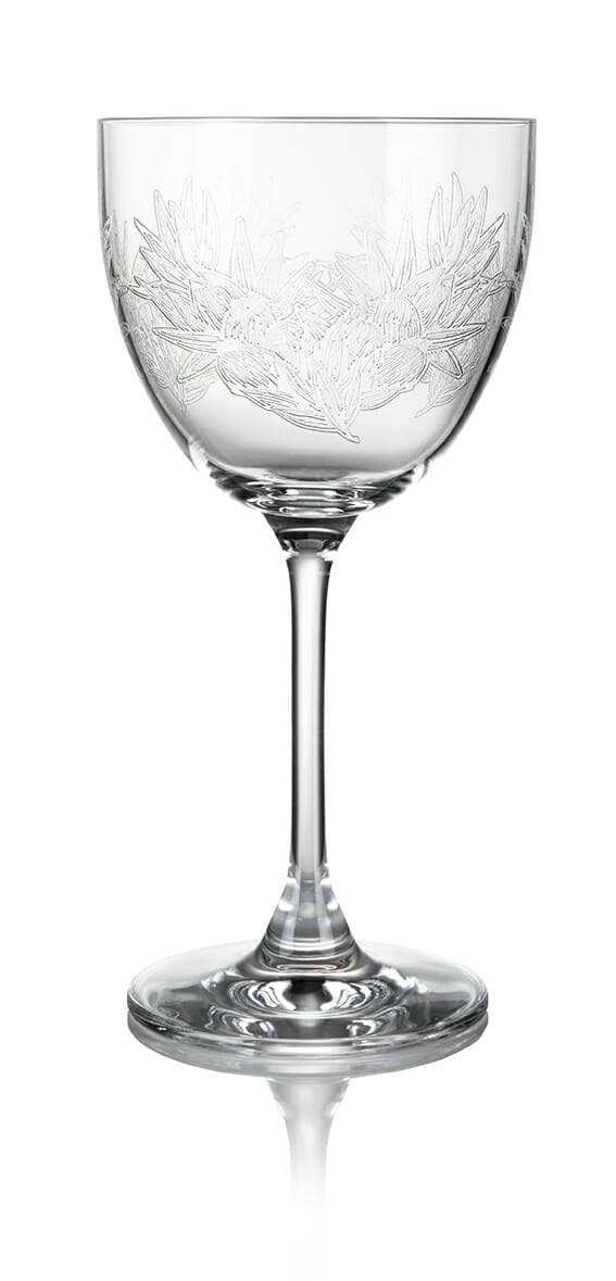 Close up of the etched Hepple martini glass on white background
