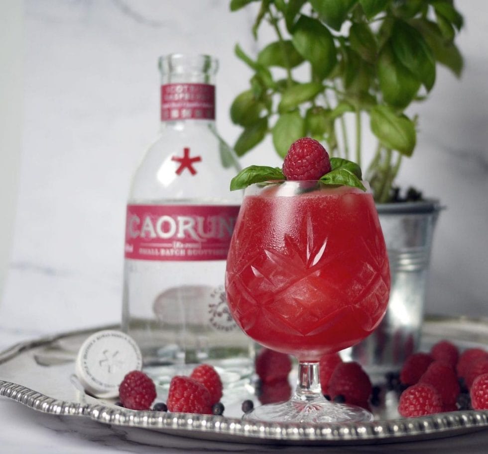 Pink cocktail with basil and Caorunn Raspberry gin