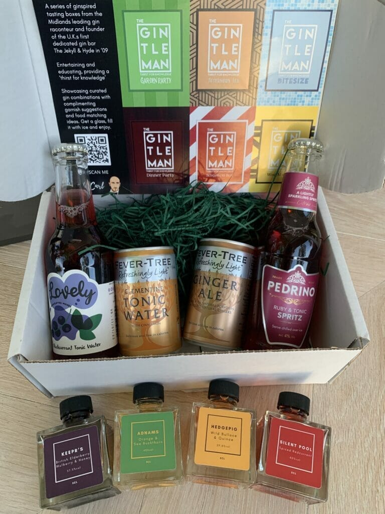 Inside the Gintleman gin selection box, gins, mixers and food pairing cards