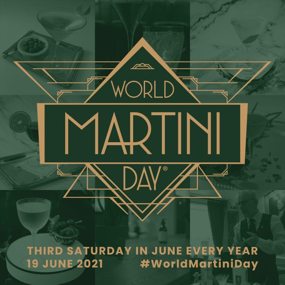 World Martini Day logo in gold on top of green tinted martini pictures
